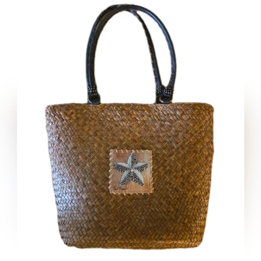 Sun N Sand Straw Woven Zip Tote Bag Starfish Beaded Patch Beach Resort Purse